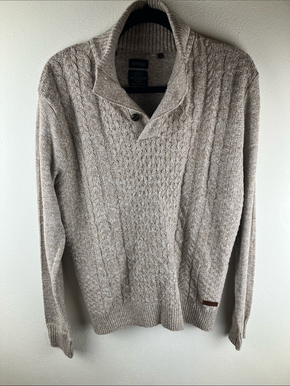 Buffalo David Bitton Men's Watcher Cable Knit Shawl Collar Sweater Beige Large